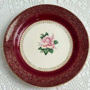 VTG Homer Laughlin Set of 7 Lady Stratford Dessert Plates Cream/Burgundy 6.25"